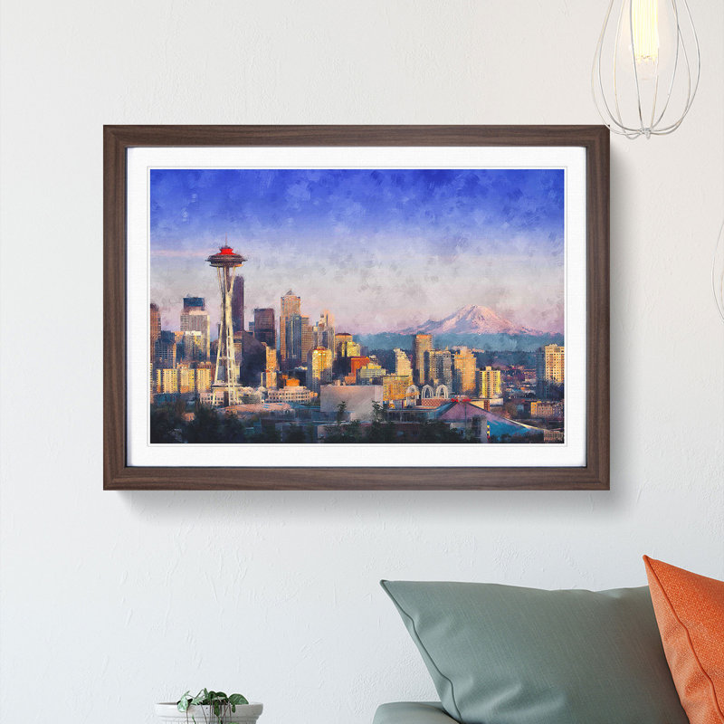 Seattle Skyline - Picture Frame Painting Print, Walnut Framed, 24cm H x 33cm W x 2cm D