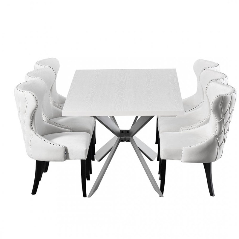 Devries 6 Person Dining set - a Rectangular Wooden Dining Table with Metal Legs and a Set of 6 Quilted Velvet Dining Chairs for Dining Room - Modern Dining Table Set
