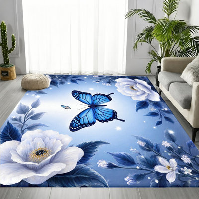 Tapis décoratif floral bleu et blanc éclatant, charmant motif de papillon naturel, tapis doux antidérapant durable et lavable à la machine, décoration intérieure élégante pour le salon, la chambre à coucher, le vestibule, la porte d'entrée, la cuisine, le balcon et l'appartement
