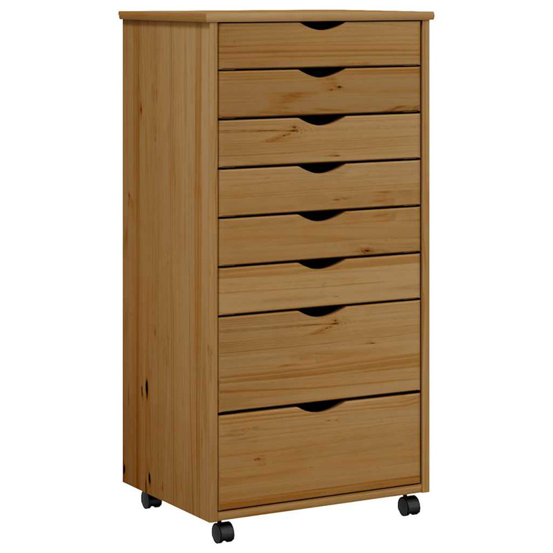 vidaXL MOSS 8-Drawer Chest with Wheels, Solid Pinewood, Honey Brown