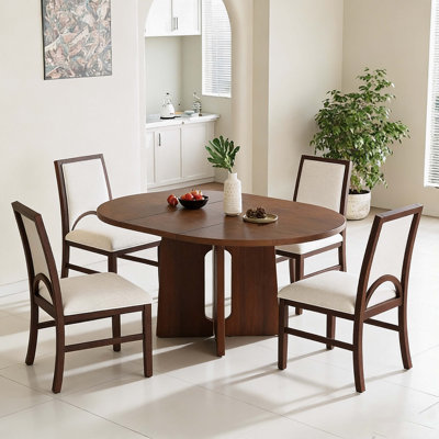 Solid Wood Round Dining Table Set for 4, Extendable Kitchen Table Set with 4 Upholstered Dining Chairs and 16inch Removable Leaf for Dining Room, Livi