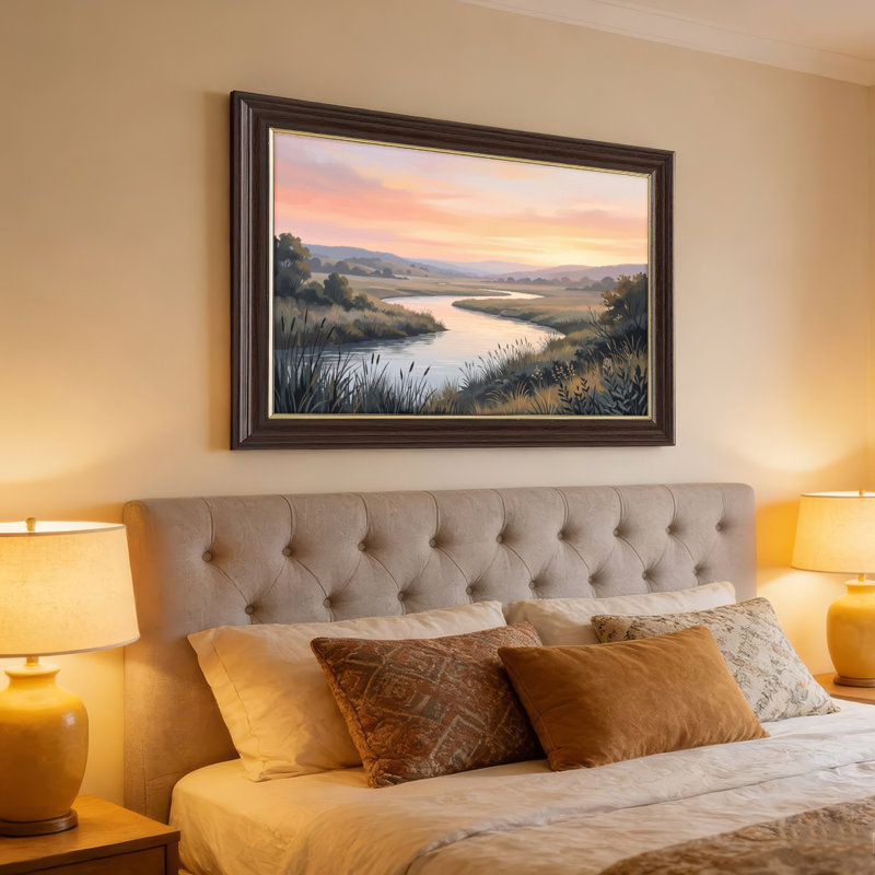 Art mural antique sur toile encadré doré pour le salon, la chambre à coucher, le bureau ou le vestibule - Décoration murale décorative avec paysage fluvial