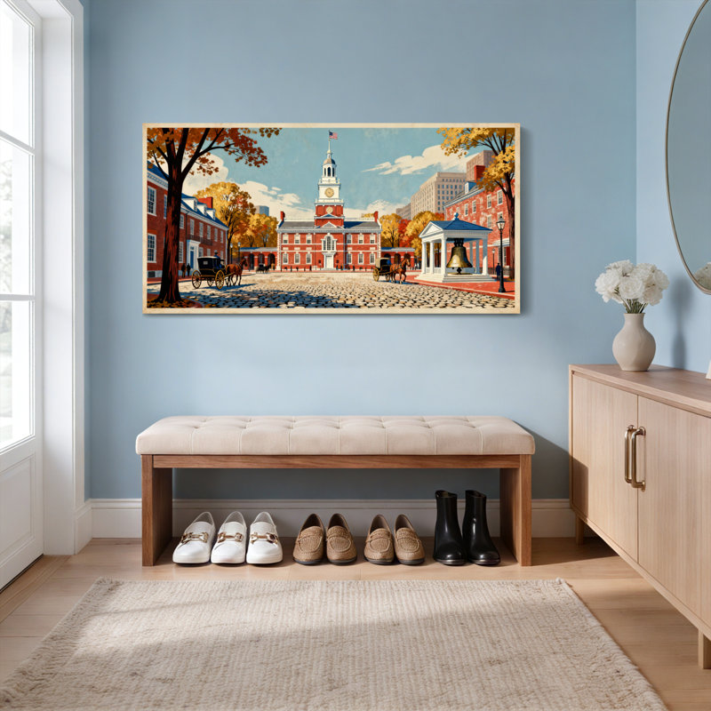 Ensemble de 1 tableau sur toile représentant Independence Hall et la cloche de la Liberté, H 28 po x l 58 po