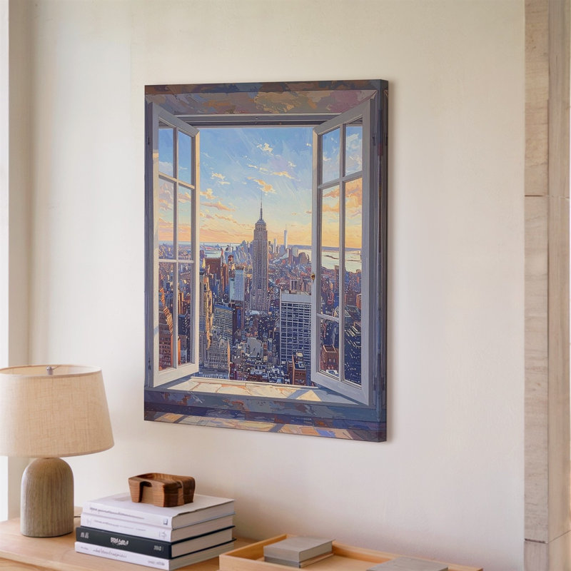 Vue panoramique de la ville de New York vue de la fenêtre encadrée blanche, art mural prêt à être accroché à la galerie, décoration moderne