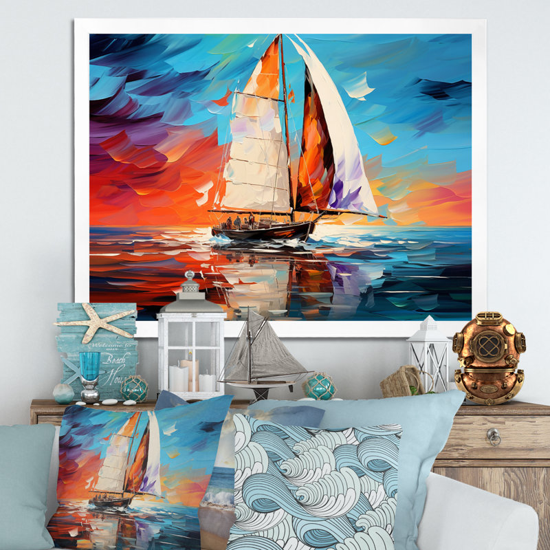 Voilier abstrait maritime I, H 30 po x l 40 po x P 1,5 po, Cadre simple blanc