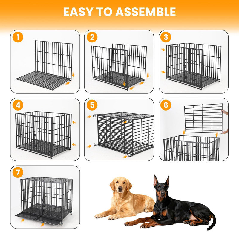 Caisse pour chien robuste L 53,9 po x l 35,8 po x H 45,7 po - Chenil en métal à l'épreuve des fuites avec 3 portes, plateau et roues amovibles, pour les grandes et moyennes races, noir