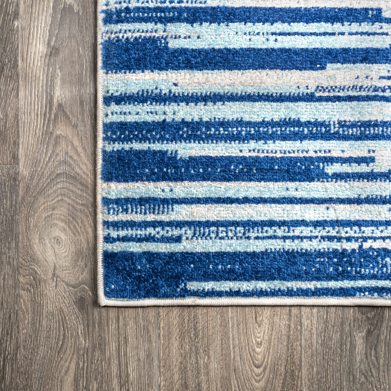 Yerkes Linear Modern Half-Stripe Blue/Cream Rug, Rectangle 4' x 6'