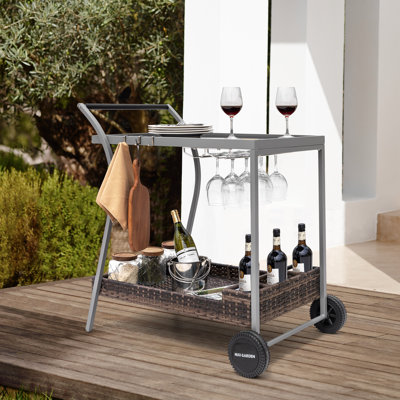 Outdoor 2-Tier Wicker Bar Cart On Wheels With Tempered Glass Board, Rattan Shelf And Powder-Coated Iron Frame, For Decoration And Storage, Gray
