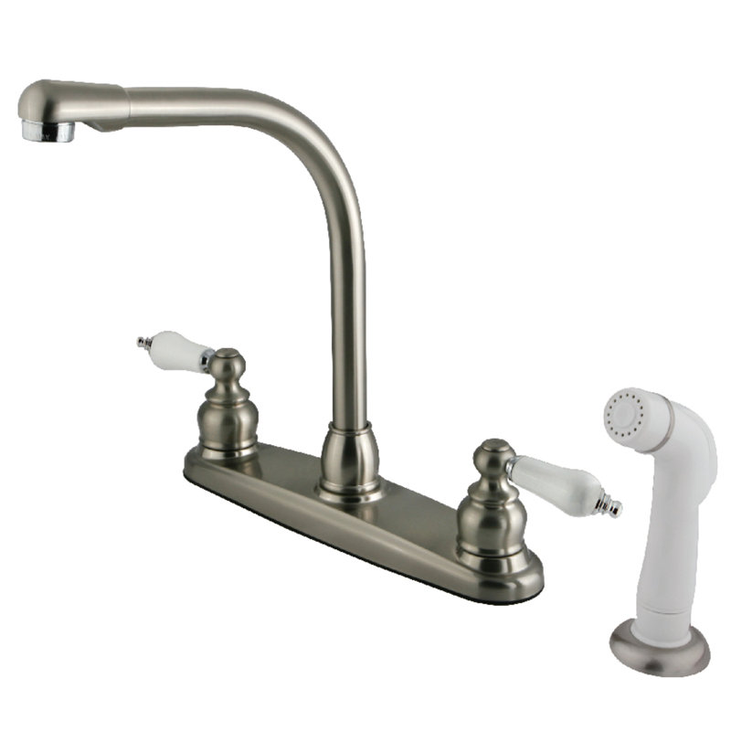 Kingston Brass Victorian Two-Handle 4-Hole 8" Centerset Kitchen Faucet with Side Sprayer, Brushed Nickel/Polished Chrome