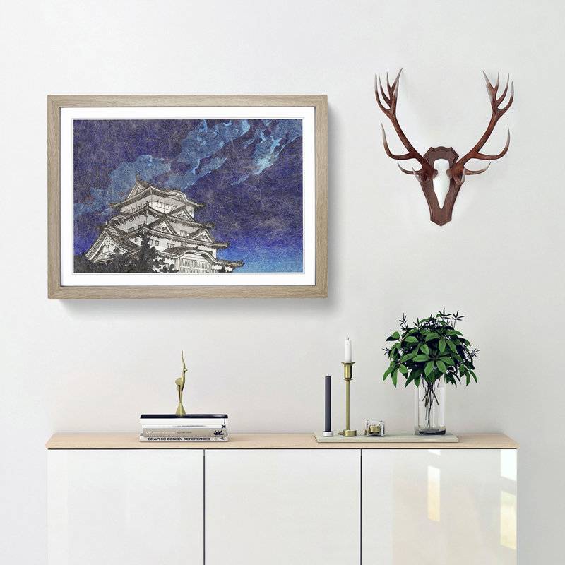 Himeji Castle by Hasui Kawase - Picture Frame Art Print, 27cm H x 36cm W x 2cm D, Oak Framed