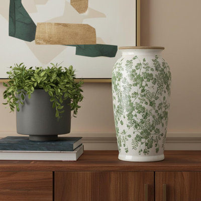 Vase de table rond en céramique 12 "à feuilles vertes et blanches