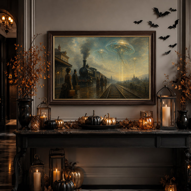 " Steam Train and Glowing Jellyfish UFOs at Halloween " Painting, 16"H x 24"W