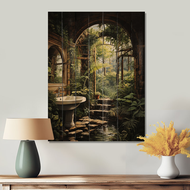 «Bathroom Natures Retreat II», reproduction sur bois sans cadre, H 20 po x l 10 po x P 0,78 po
