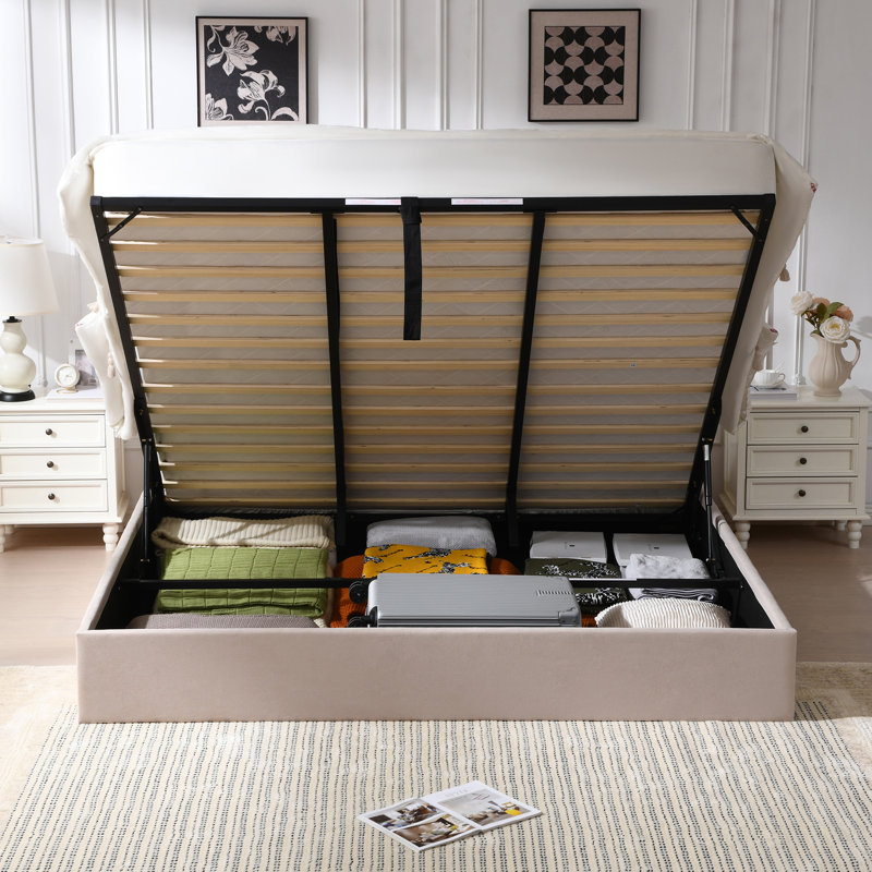 Lit plateforme tapissier avec rangement Arcadia, Kaki, Très grand