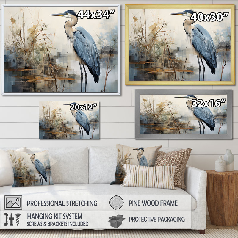 Blue Great Heron In Miminal Harmony II On Canvas Print, 34" H x 44" W x 1.5" D, Black Single Picture Framed