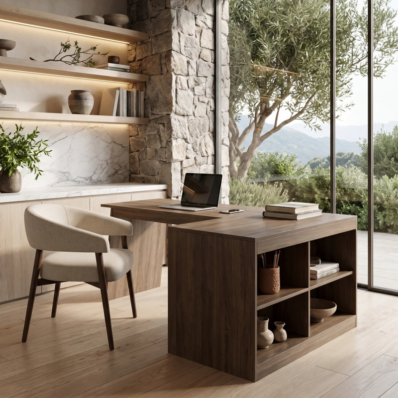 Bureau d'ordinateur en L 66 po avec rangement ouvert et fermé, bureau d'ordinateur Rustic Farmhouse