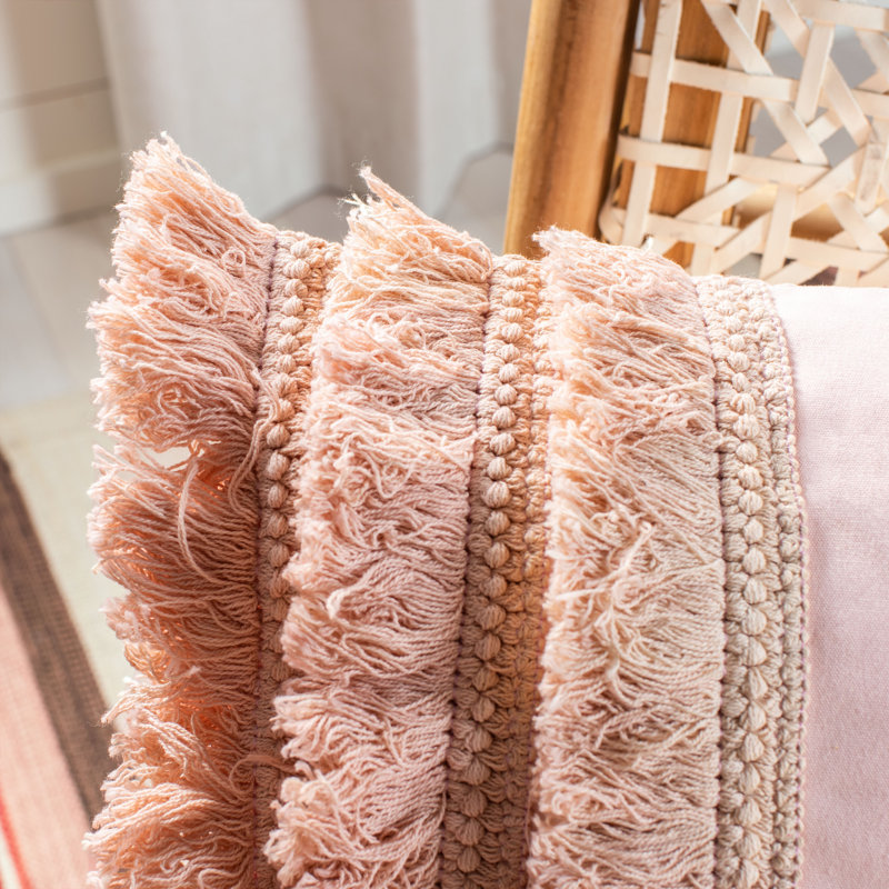 Fringed Cotton Throw Pillow, Pink, 12" x 20", Rectangular