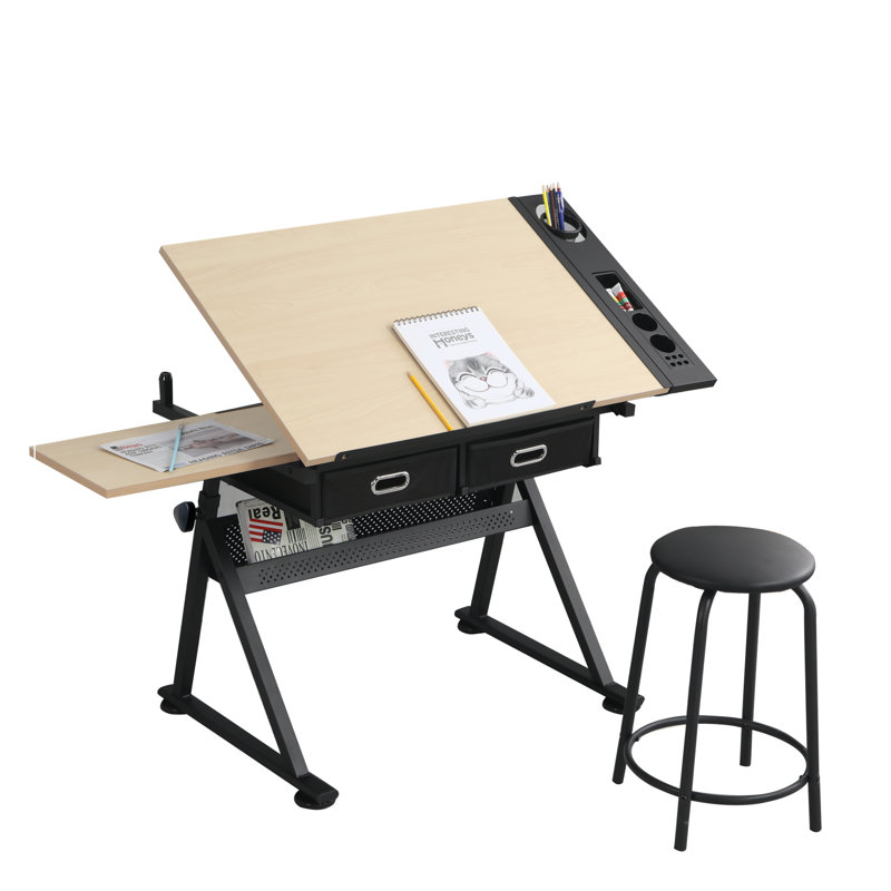 adjustable drawing drafting table desk with 2 drawers for home office and school with stool