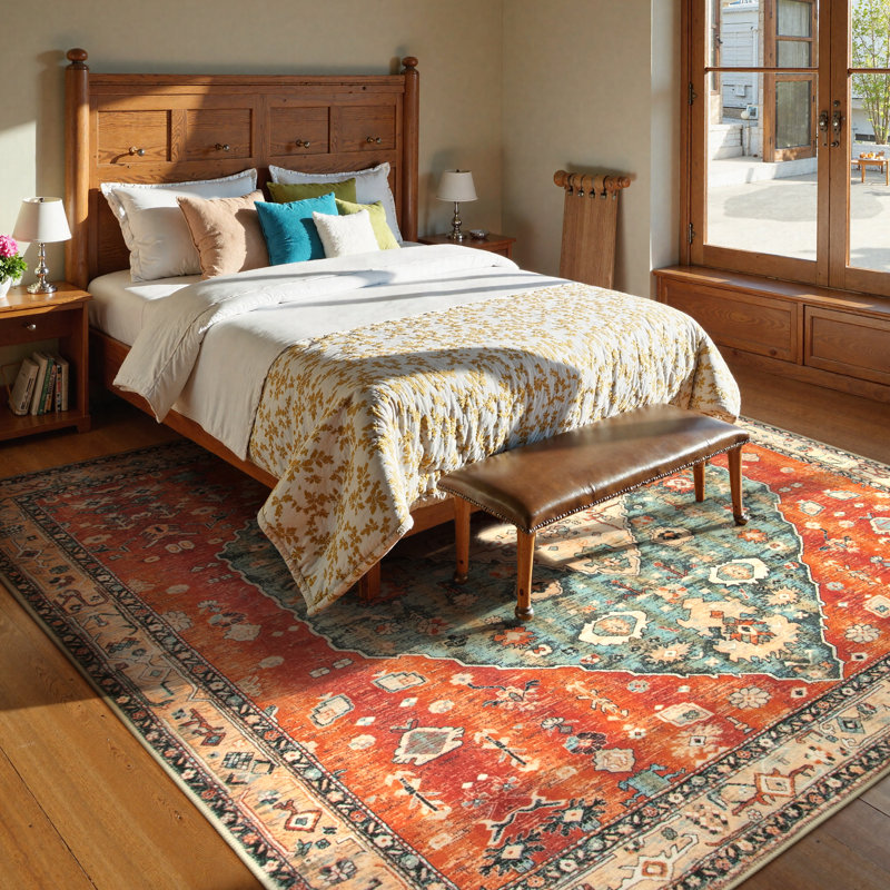 Boho Tribal Area Rugs for Living Room Washable Oriental Vintage Soft Dining Room Carpet, Square 6'