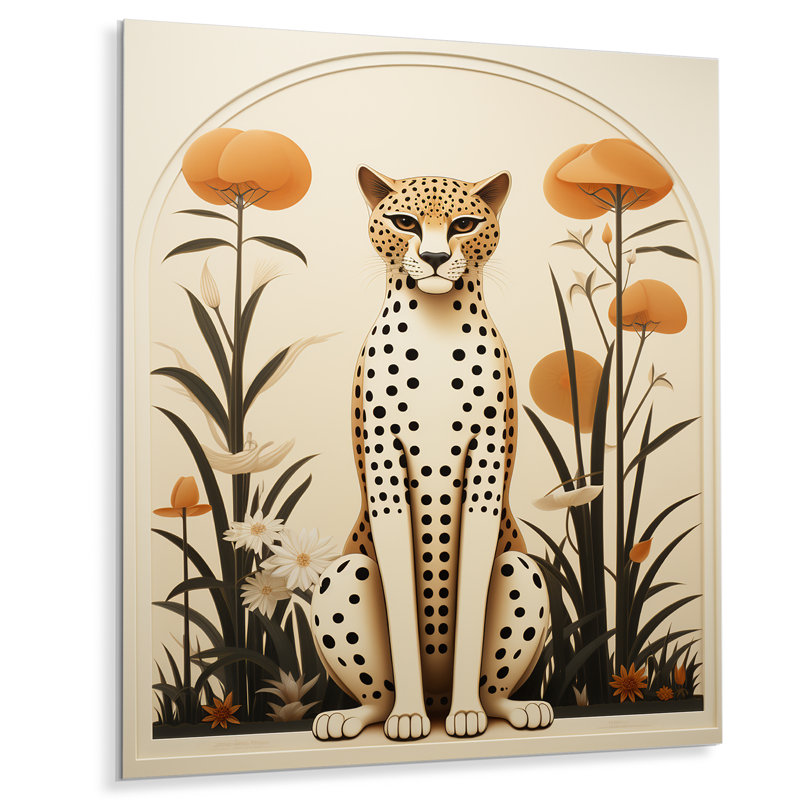 Art mural en métal beige et vert Mid Century Cheetah Meadow - léopard / guépard, H 32 po x l 16 po x P 1 po