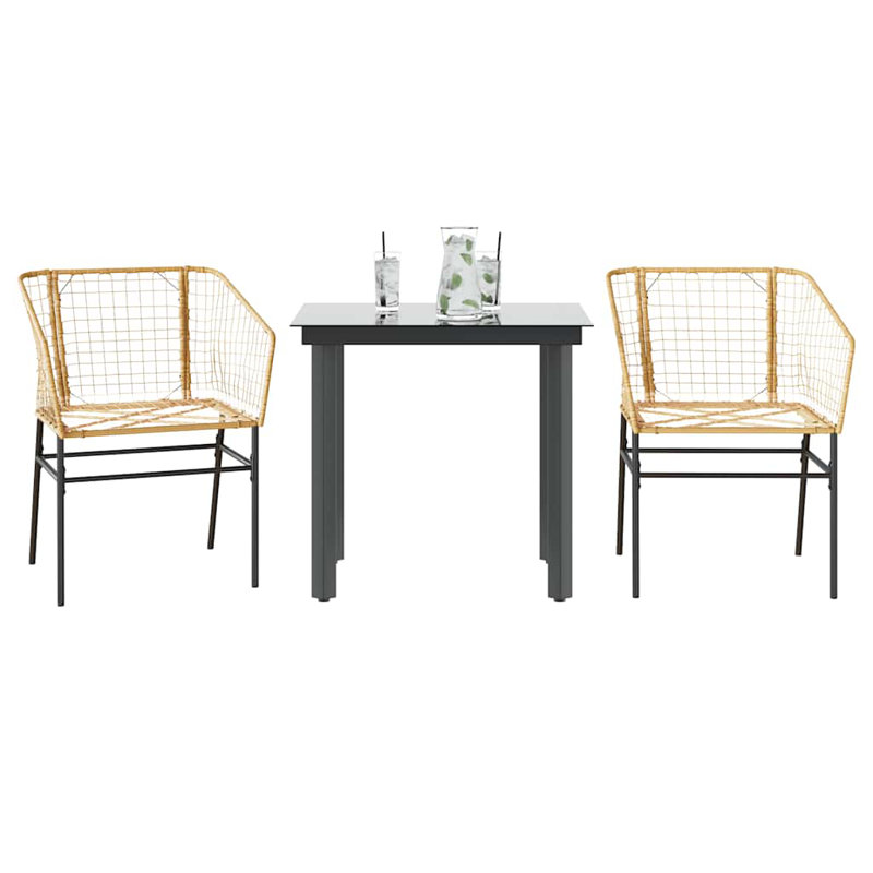 Patio Dining Set Poly Rattan Glass, 29.1" H x 31.5" W x 31.5" L, Black, 2