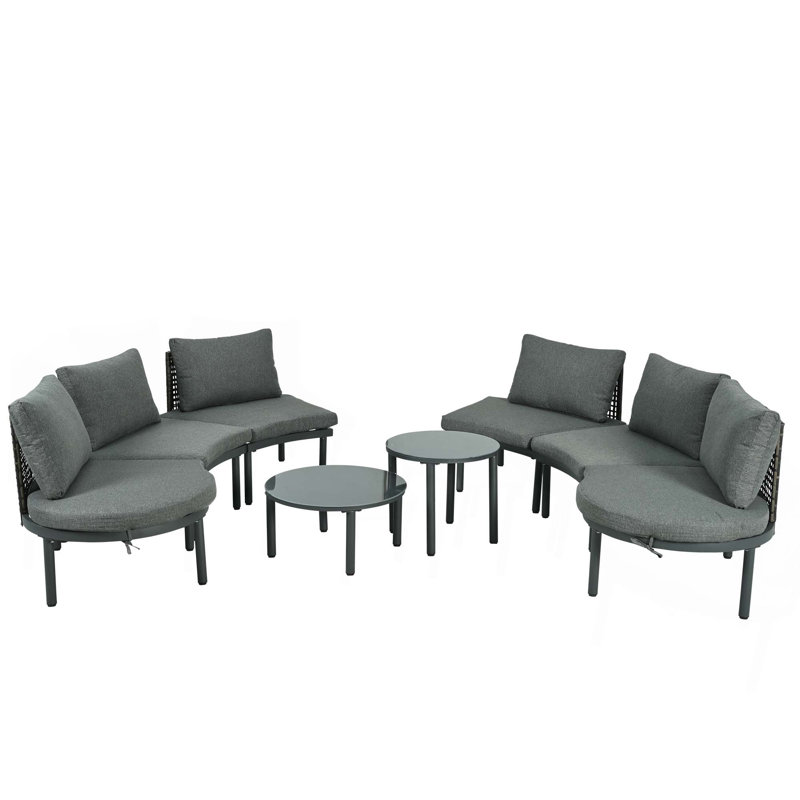 Ensemble modulaire d'extérieur courbé 8 pièces Perica avec osier PE et structure en aluminium, Gris, Gris
