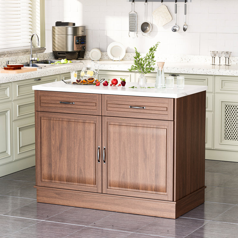 48" Island Table For Kitchen, Classic Kitchen Island Cart With Storage, Marble Countertop, Walnut Wood Grain And 2 Drawers & 2 Cabinets, Multi-scene Kitchen Storage Cabinet For Kitchen, Dining Room And Living Room, Coffee Walnut