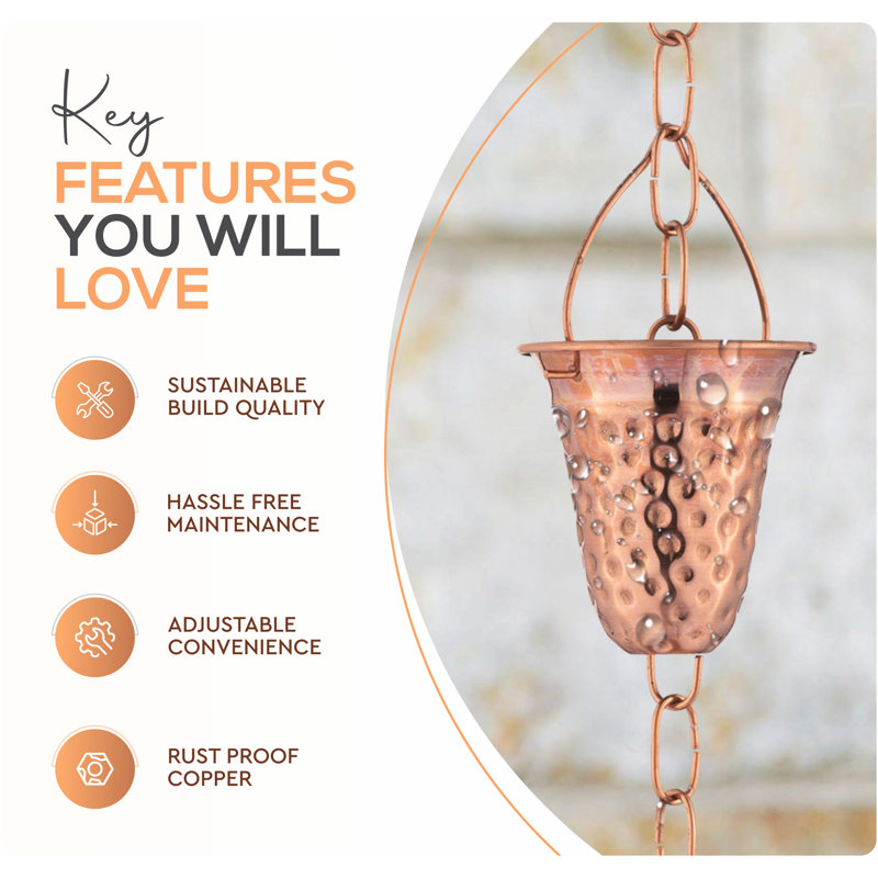 Marrgon Copper Hammered Bell Style Rain Chain, 3 Feet
