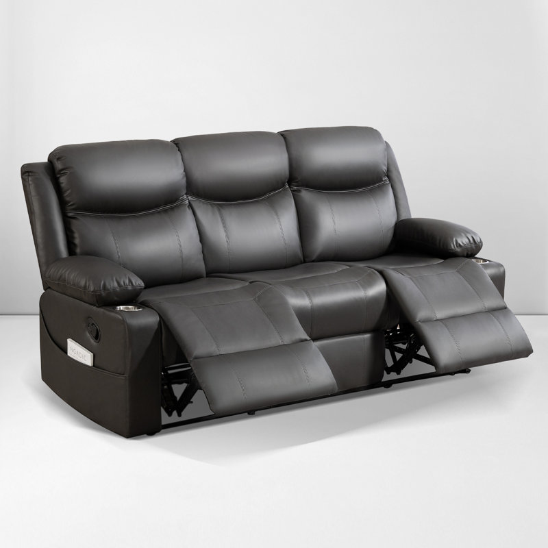 Manual Sofa Recliner With Heat, Vibration Massage & Cup Holders – Modern Pu Leather 3-Seater, Black/Gray