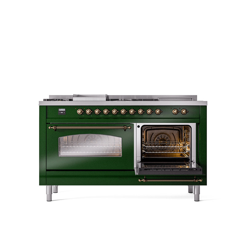 ILVE Nostalgie II 60 Dual Fuel Range, 5 Burners, Griddle, Frenchtop , Emerald Green/Bronze, Natural Gas