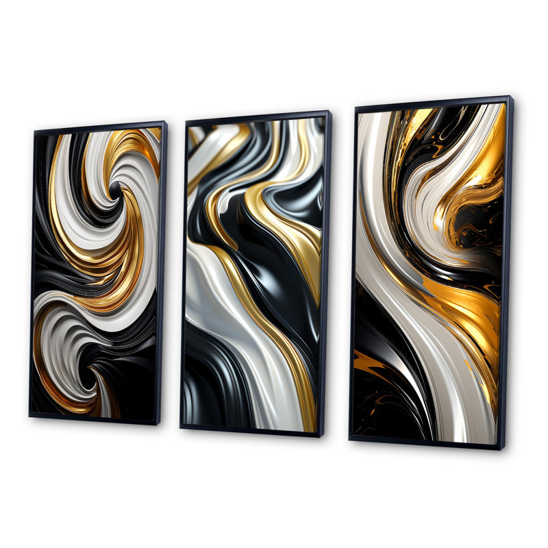 Liquide or noir et blanc tourbillonnant dimension - spirales abstraites ensemble d'art de 3 pièces, H 40 po x l 60 po