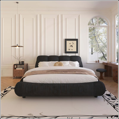 King Size Luxury Upholstered Platform Bed with Oversized Padded Backrest and Solid Wood Frame, Suitable for Multiple Mattress Heights, Black
