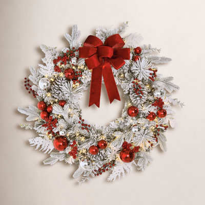 32" Battery-Operated Pre-Lit Adorned Flocked Artificial Wreath