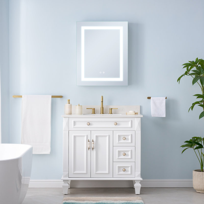 Armoire de salle de bain à DEL encastrée ou en surface avec tablettes en verre réglables, H 30 po x l 24 po x P 4,63 po, Oui
