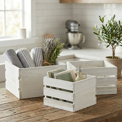 Farmstead Set of 3 Wood Storage Crates, Rustic Nesting Bins, Light Gray