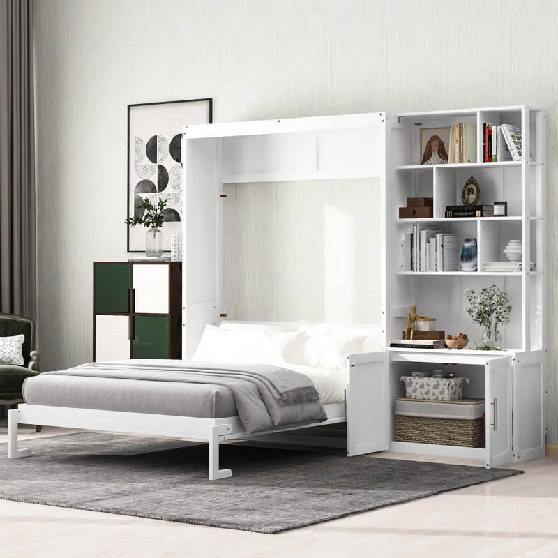 Lit double avec plusieurs tablettes et armoire de rangement, blanc