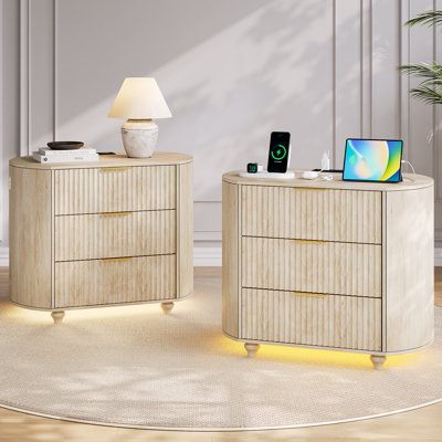 Ensemble de 2 tables de chevet ovales Mid-Century l 31,5 po avec 3 tiroirs, lumières DEL et port USB et Type-C