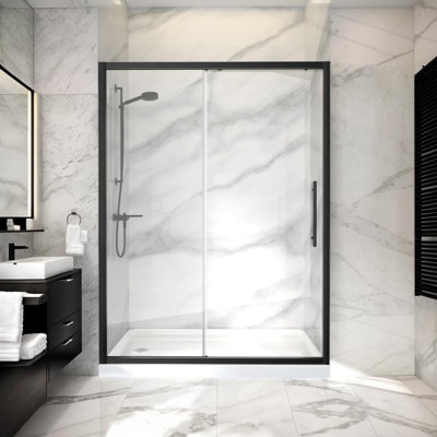 44”- 48" W X 72" H Semi-Frameless Single Sliding Shower Door with with 1/4"(6mm) Explosion-Proof Clear Tempered Glass, Black