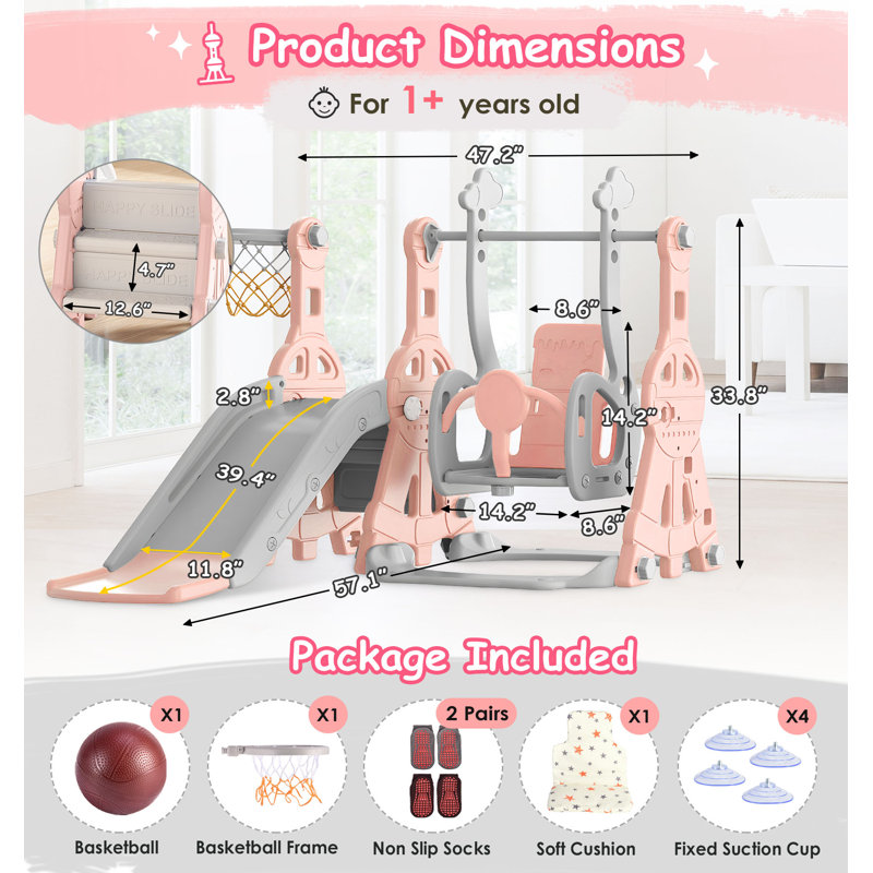 Pink and Gray 4-in-1 Toddler Slide and Swing Set