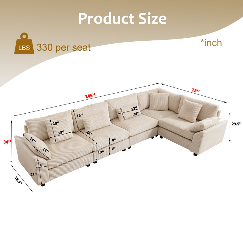 Wartow 5 Piece Corduroy Modular Sectional, RAF, LAF, Symmetrical, Beige Corduroy