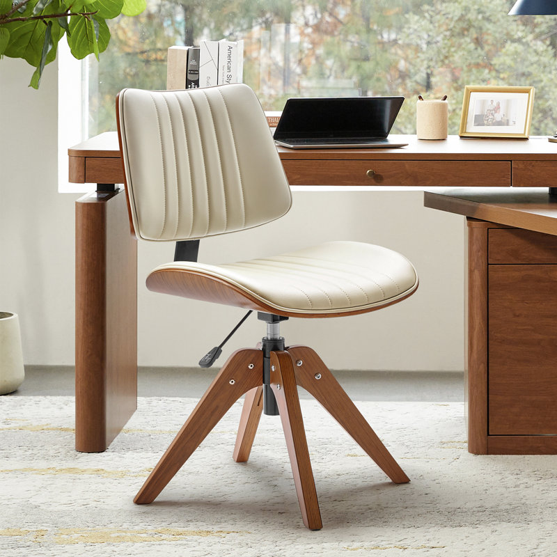 Faux Leather Upholstered Swivel Office Chair with Wood Frame , Ivory