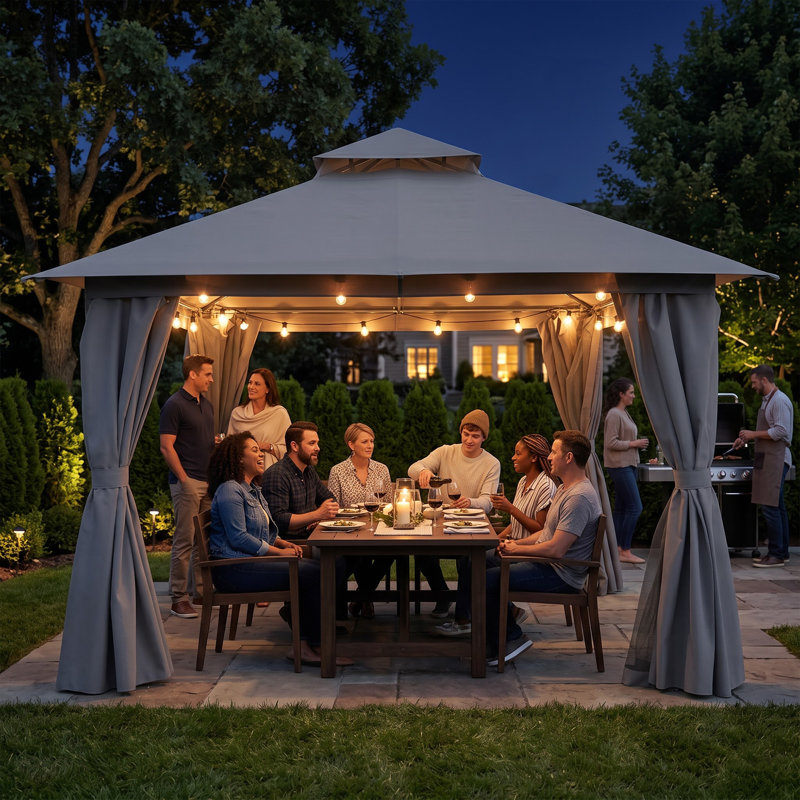 Gazebo d'extérieur 12'x12' avec moustiquaire et rideaux d'intimité, H 8,8 pi x l 12 pi x P 12 pi, Gris
