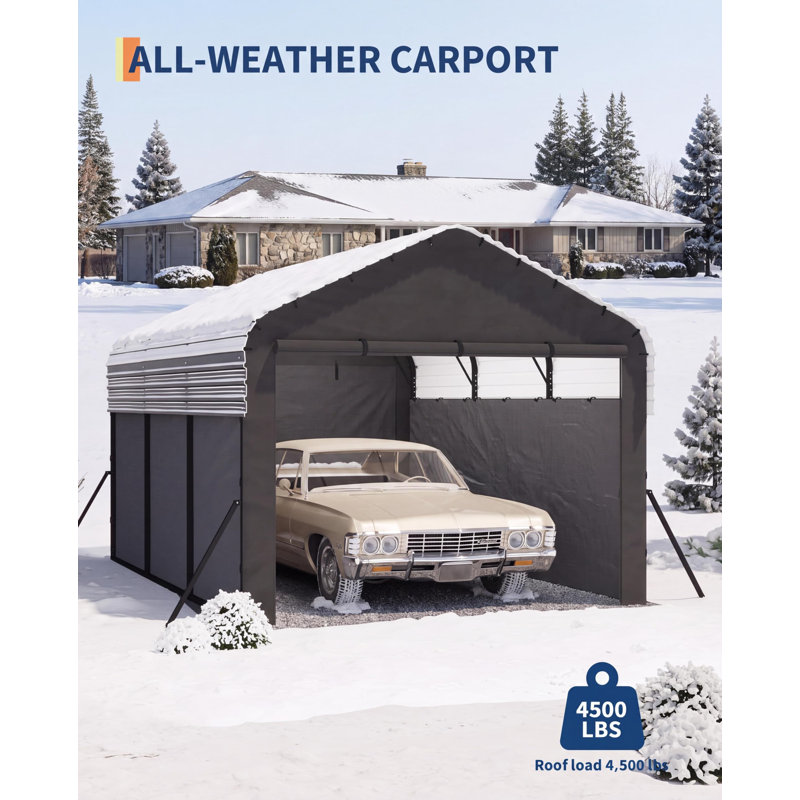 10x15x9 ft Enclosed Metal Carport with Removable 220g Tarp, Gable End Doors & Sidewalls for Sedans, Boats, Tractors - Gray