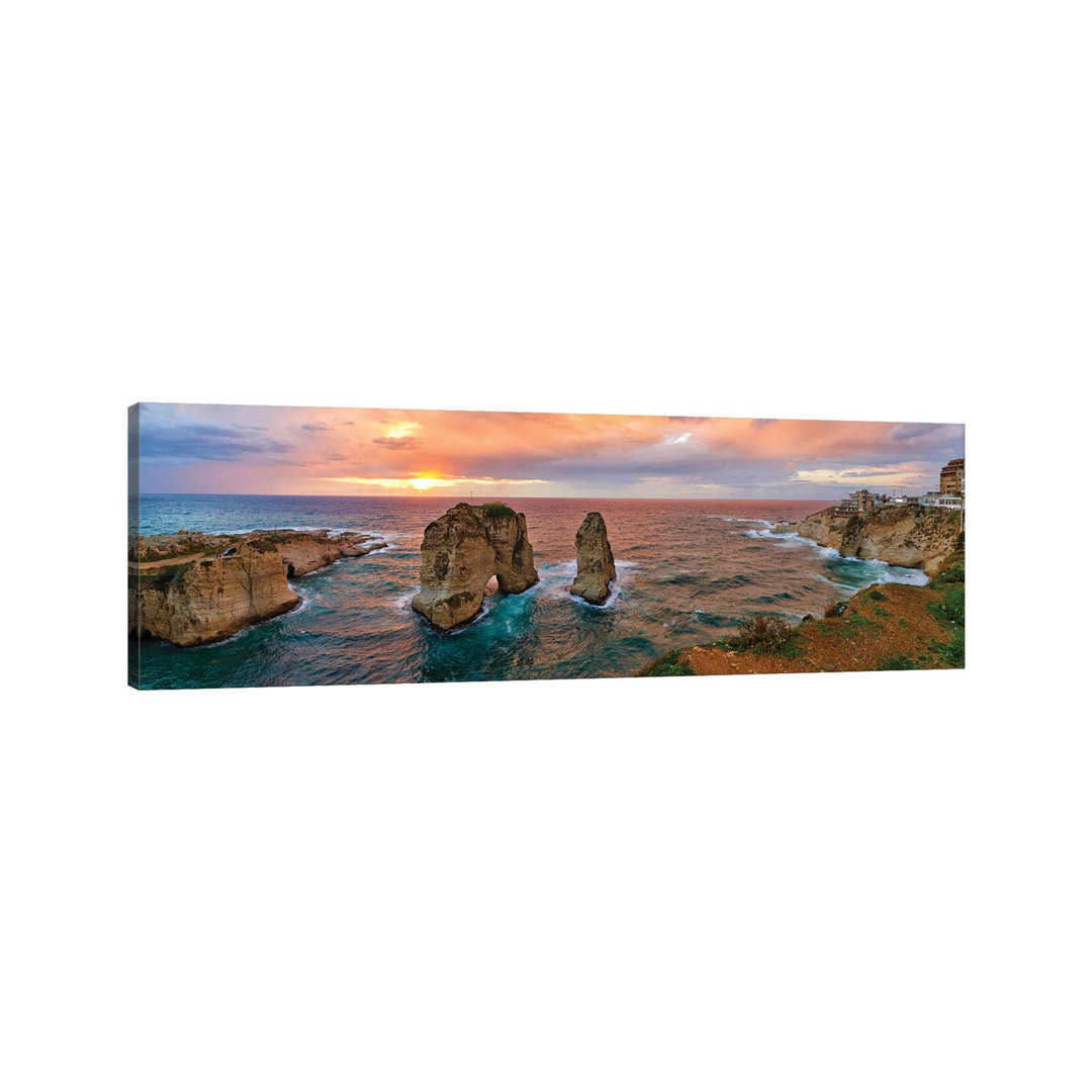 Sunset At The Raouche Coast, Beirut, Lebanon - Wrapped Canvas Panoramic Print