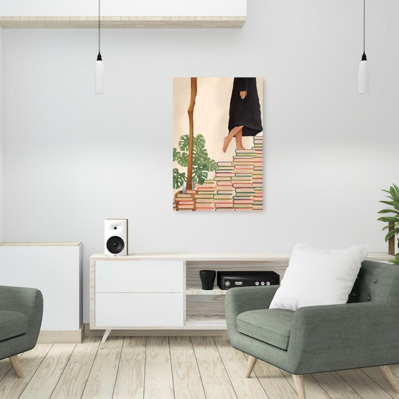 Affiche murale minimaliste et moderne représentant une plante paisible grimpant pieds nus, escalade de livre.
