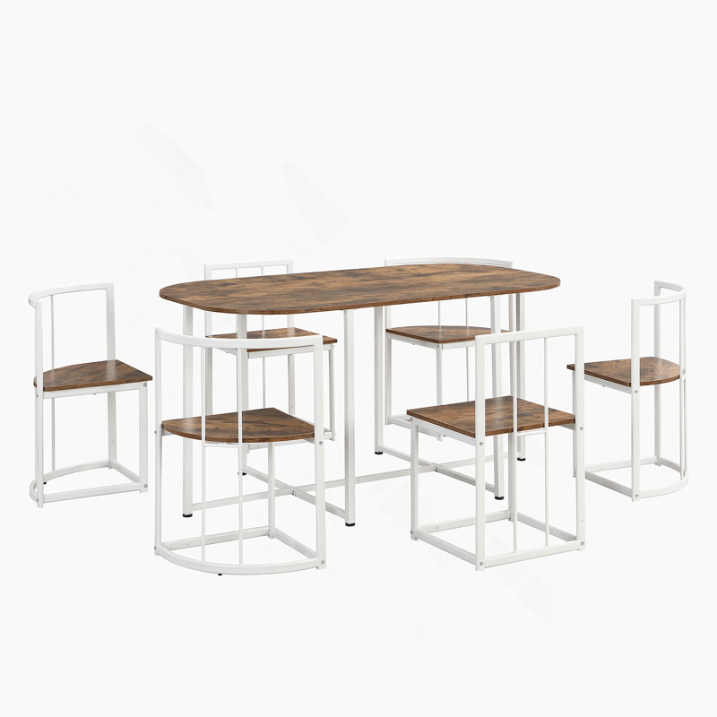 Modern 7-Piece Dining Table Set With Faux Marble Compact 55Inch Kitchen Table Set For 6, White+Cherry