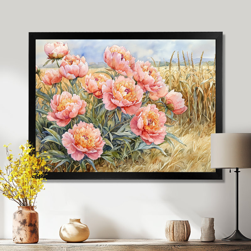 «Pe pivoines le long du champ de maïs I», art mural pivoines, H 30 po x l 40 po, Cadre flottant, Noir