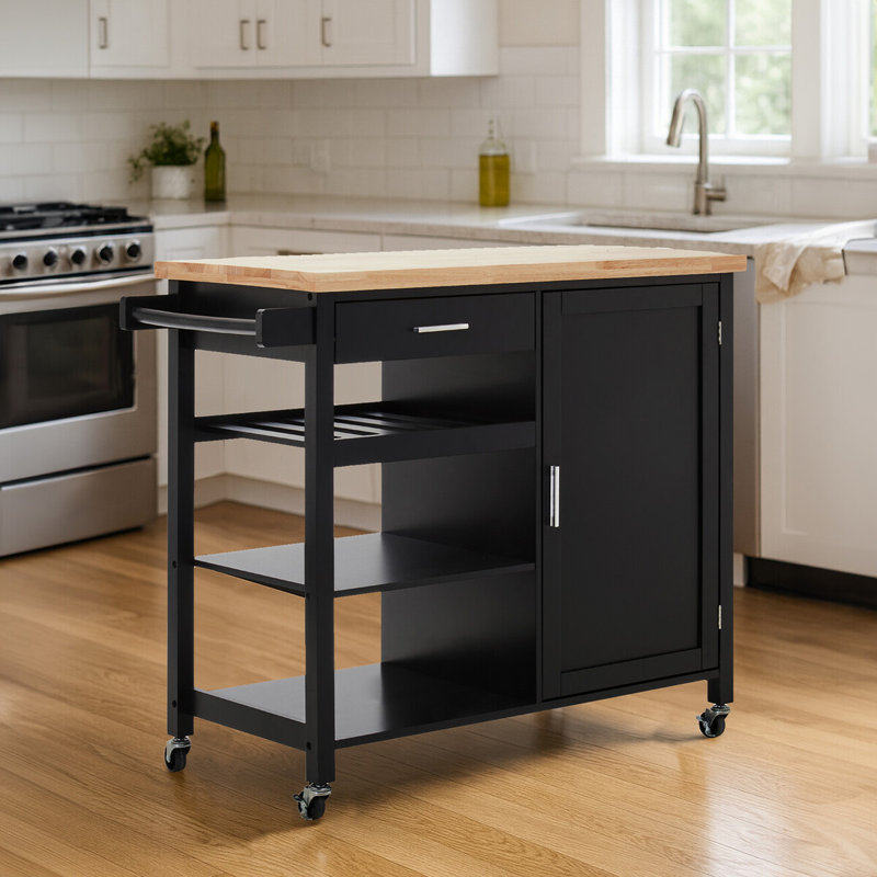 Lencautan Solid Wood Top Kitchen Cart, Black