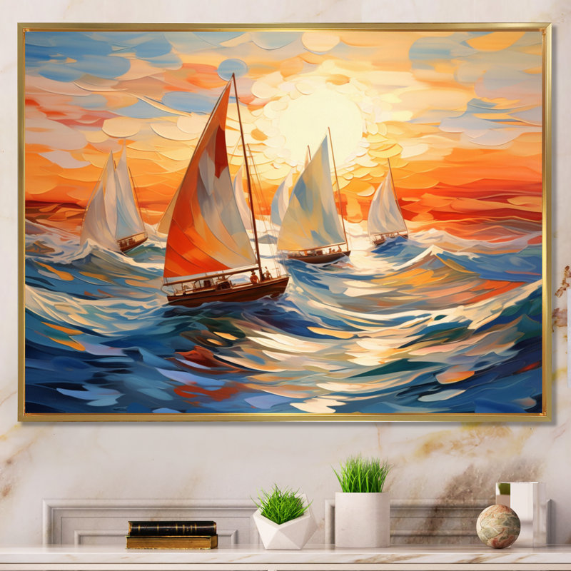Voilier tourbillonnant, vagues sur toile, H 24 po x l 32 po x P 1 po, Cadre flottant doré
