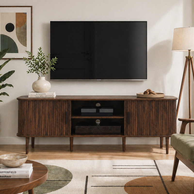 Aguilera 67.7" W Mid Century Modern TV Stand with Storage and Shelves to fit up to 75" TVs, Walnut